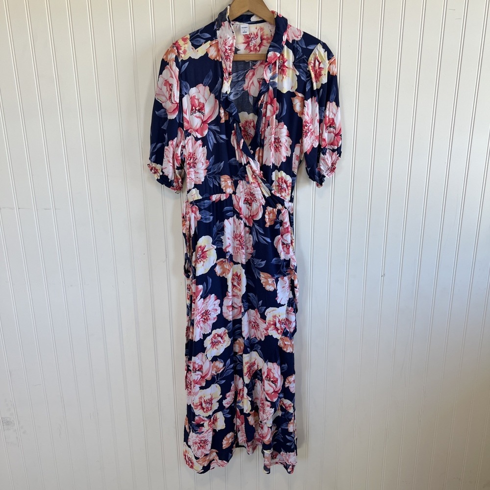 Old Navy Womens Midi Wrap Dress Size L Blue Floral Ruffles‎ Cottagecore Feminine